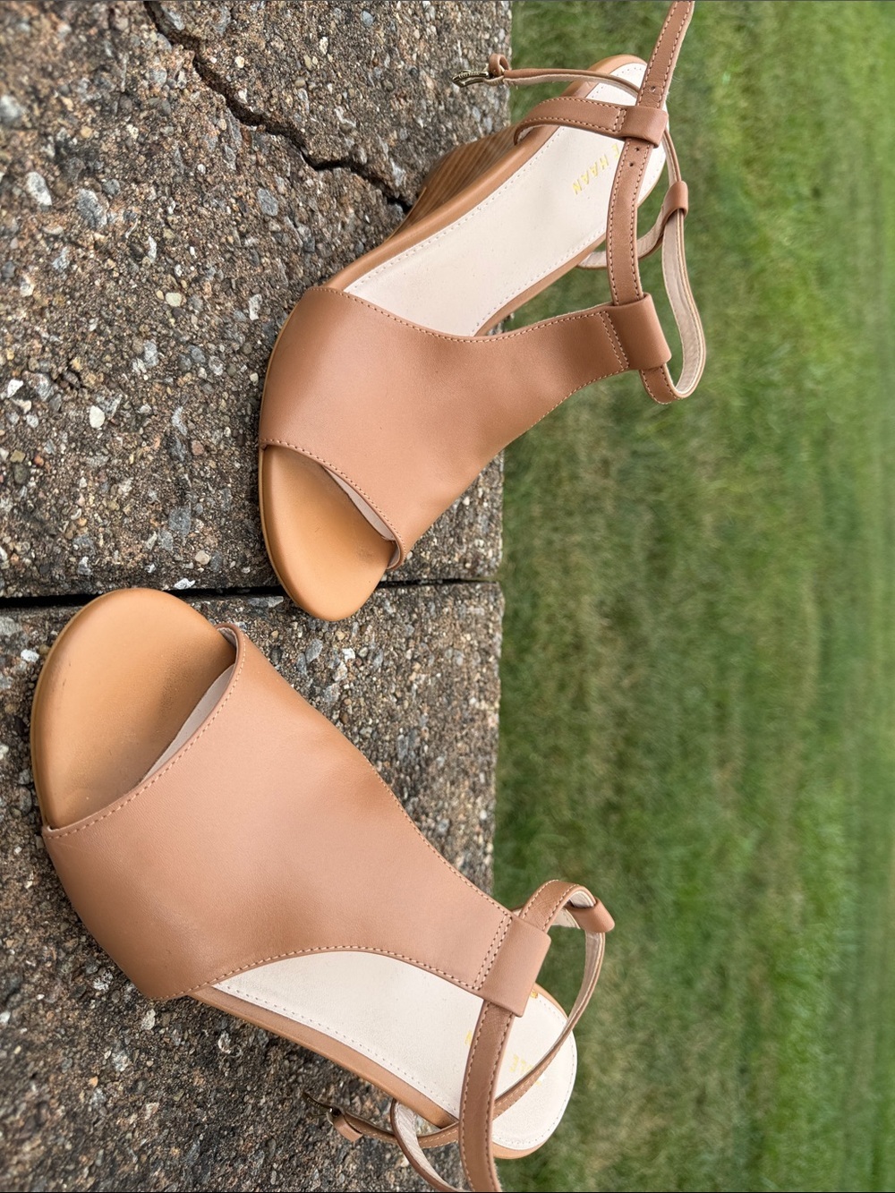 Cole Haan Tan Leather Wedge Sandals with Ankle Strap
